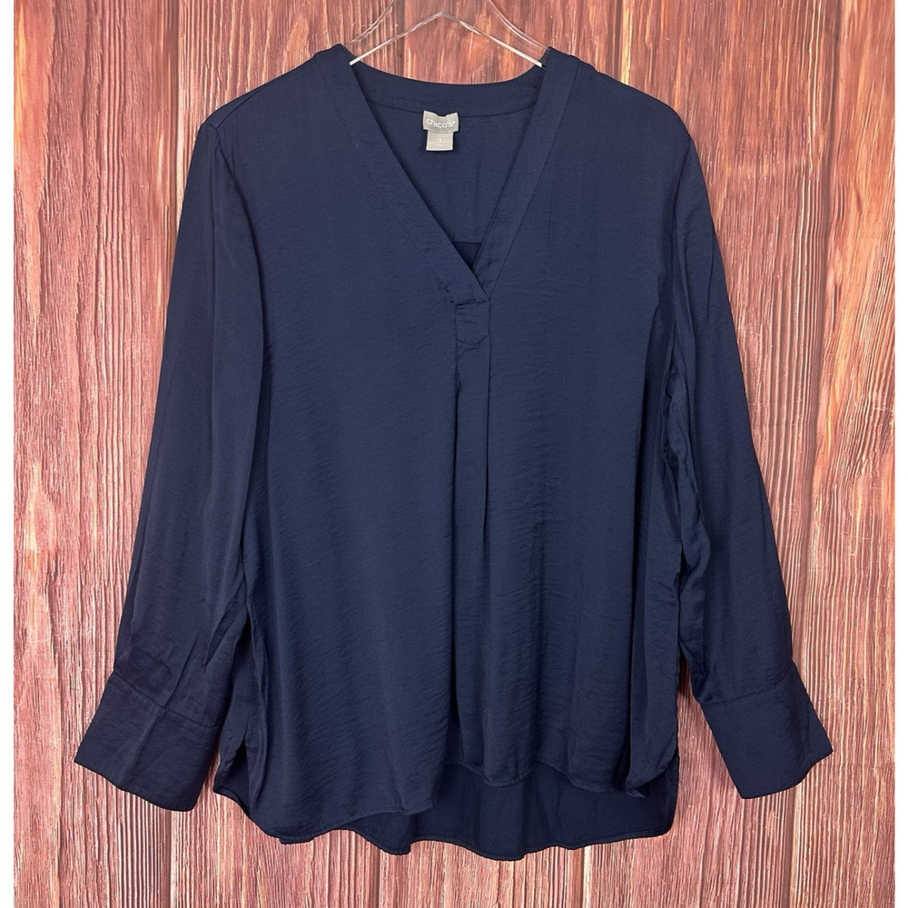 Chico's Blue Long Sleeve Blouse V-Neck Dressy Size 3 US 16/18 - Picture 1 of 5